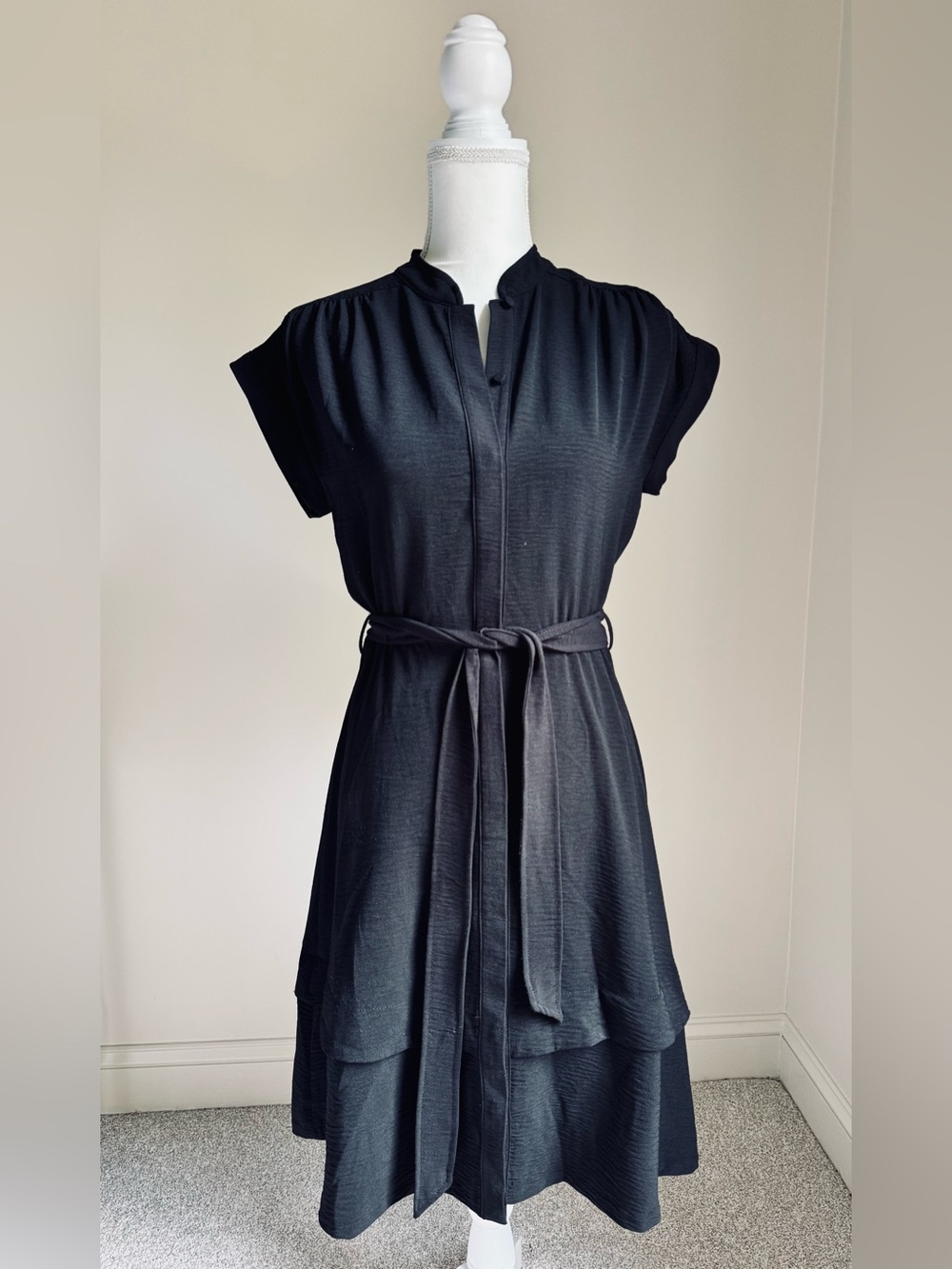 CALVIN KLEIN Black Belted Crinkle-Gauze Cap Sleeve Shirt Dress Sz 2